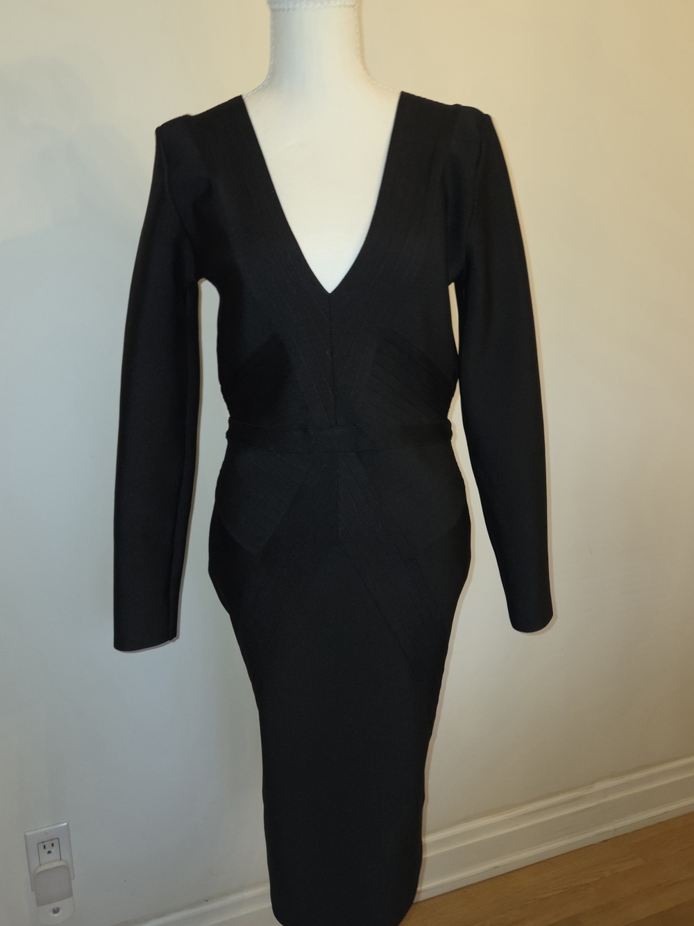 Bebe Black Long-Sleeve V-Neck Bodycon Dress - Picture 2 of 10